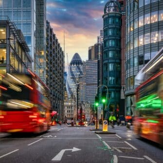 Sunset,At,The,City,Of,London,,England,,With,Traffic,Light
