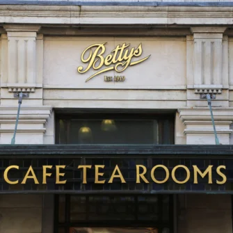 A cozy tea room with wooden tables, chairs, a large window, and a selection of teapots and cups displayed on shelving units.